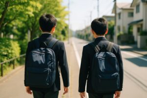 登校中の男子学生二人の後ろ姿