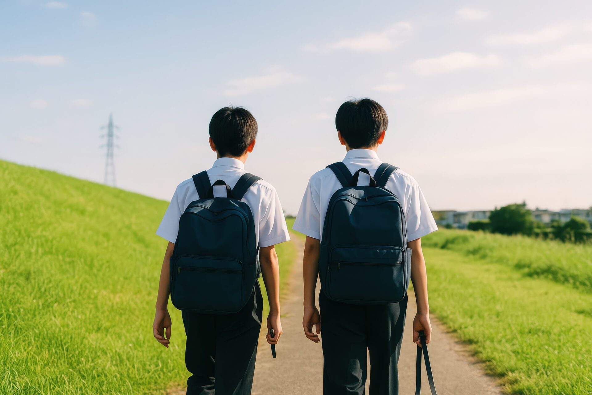 夏服で登校する男子学生二人の後ろ姿
