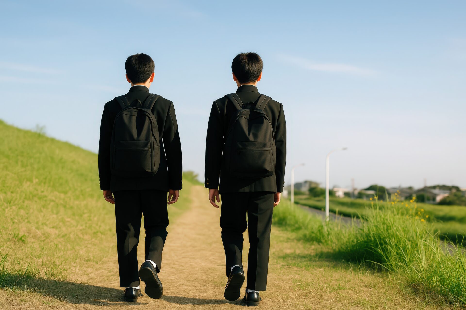 制服姿で並んで歩く男子学生二人の後ろ姿