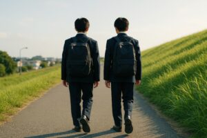 堤防沿いを歩く男子学生二人の後ろ姿