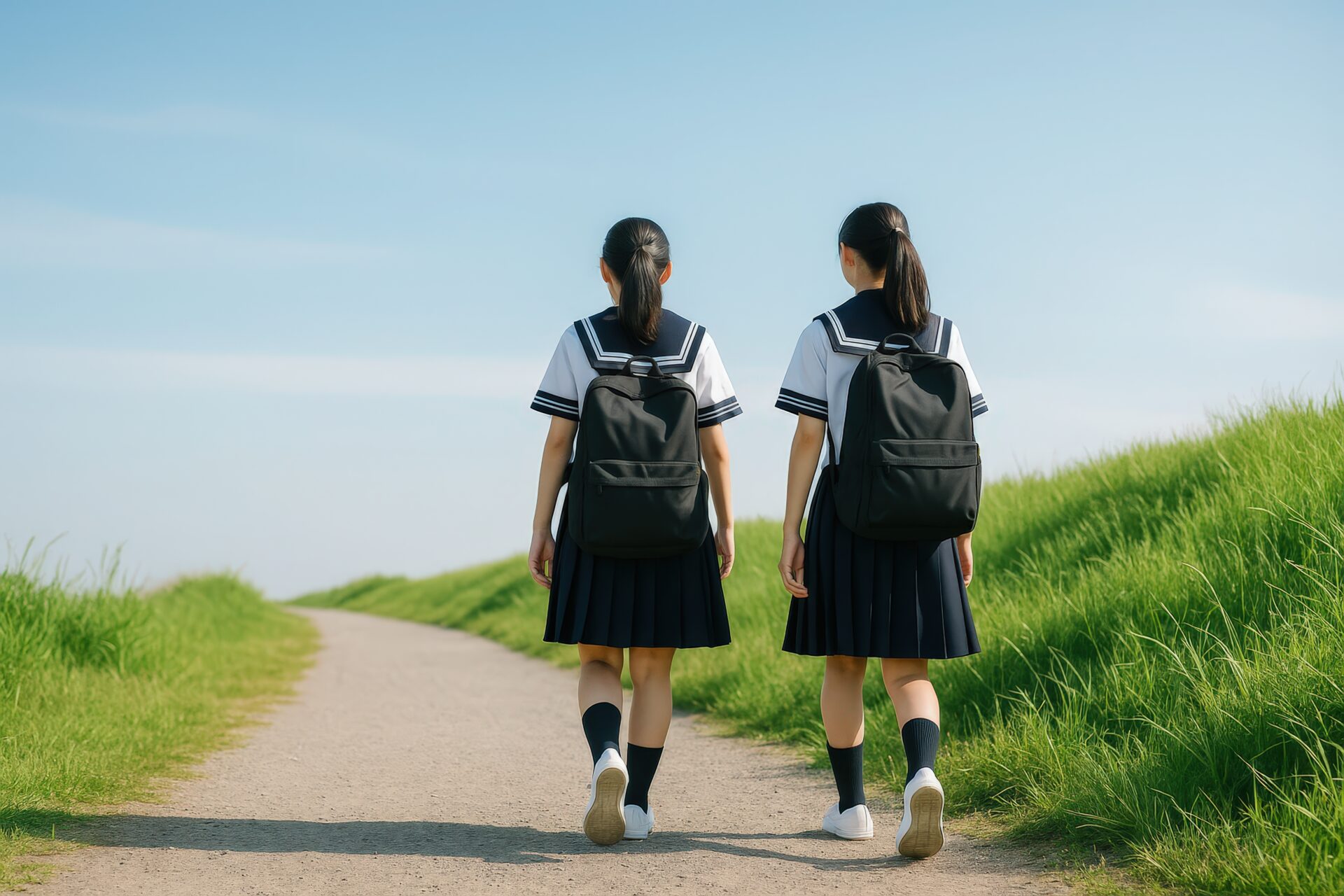 夏服姿で登校する女子学生二人の後ろ姿