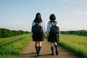 通学路を歩く女子学生二人の後ろ姿