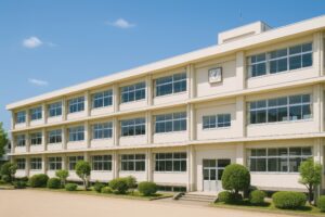 時計のある白い学校校舎と青空