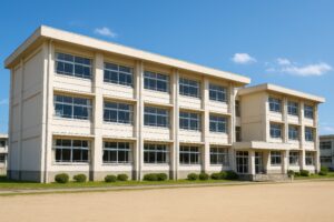 広い校庭に面した学校の外観