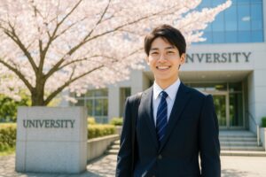 桜の木の前で笑顔を見せる大学生の男性