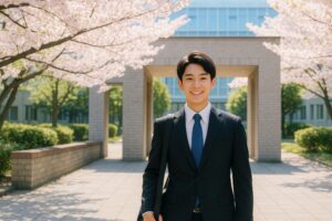 春のキャンパスで笑顔の男子大学生