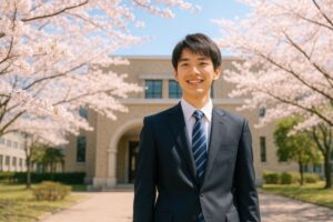 桜並木の大学キャンパスに立つ男子学生