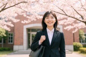桜の咲く大学構内で笑顔の女子学生