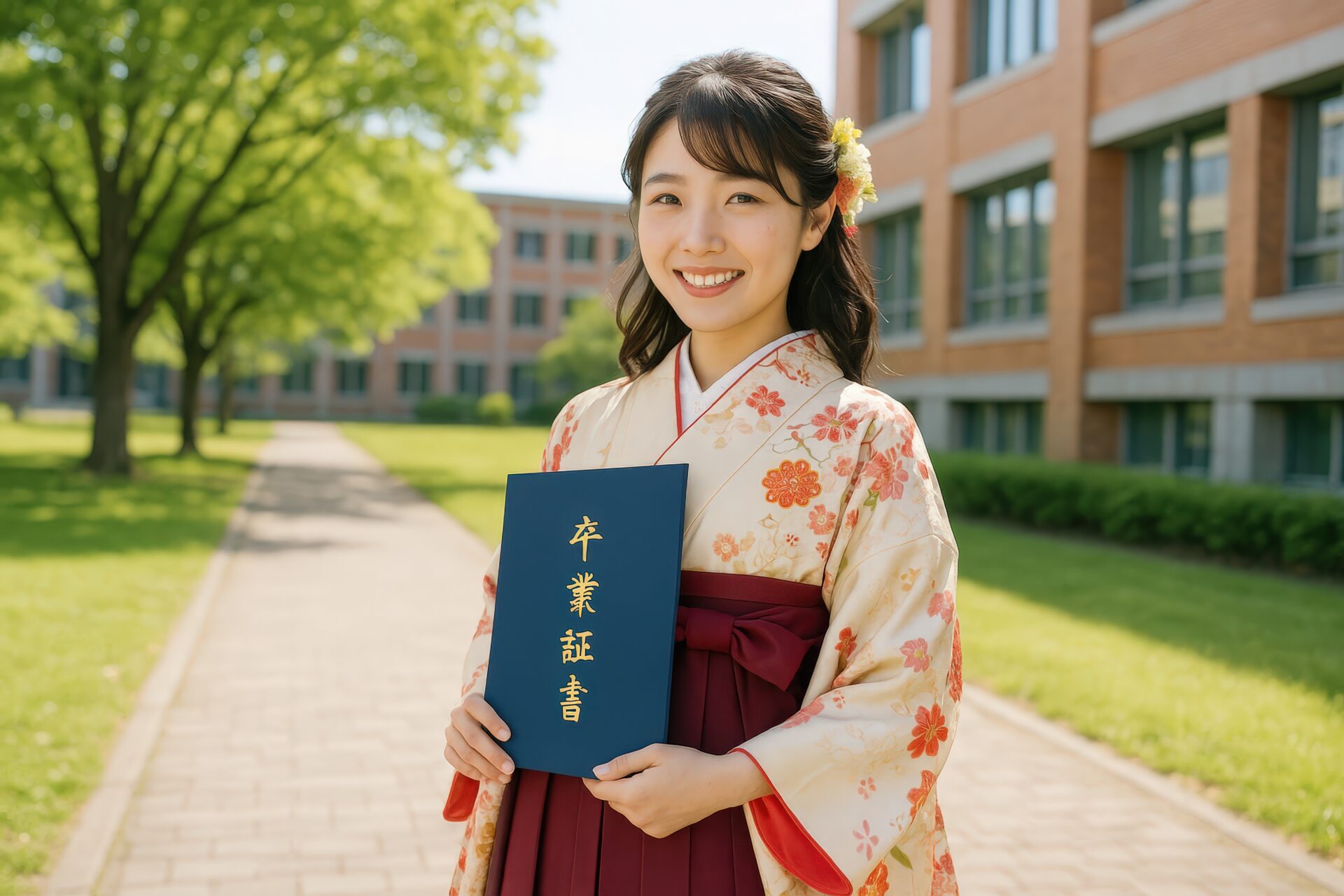 卒業証書を持って笑顔を見せる袴姿の女子学生