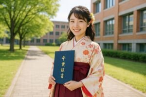 卒業証書を持って笑顔を見せる袴姿の女子学生