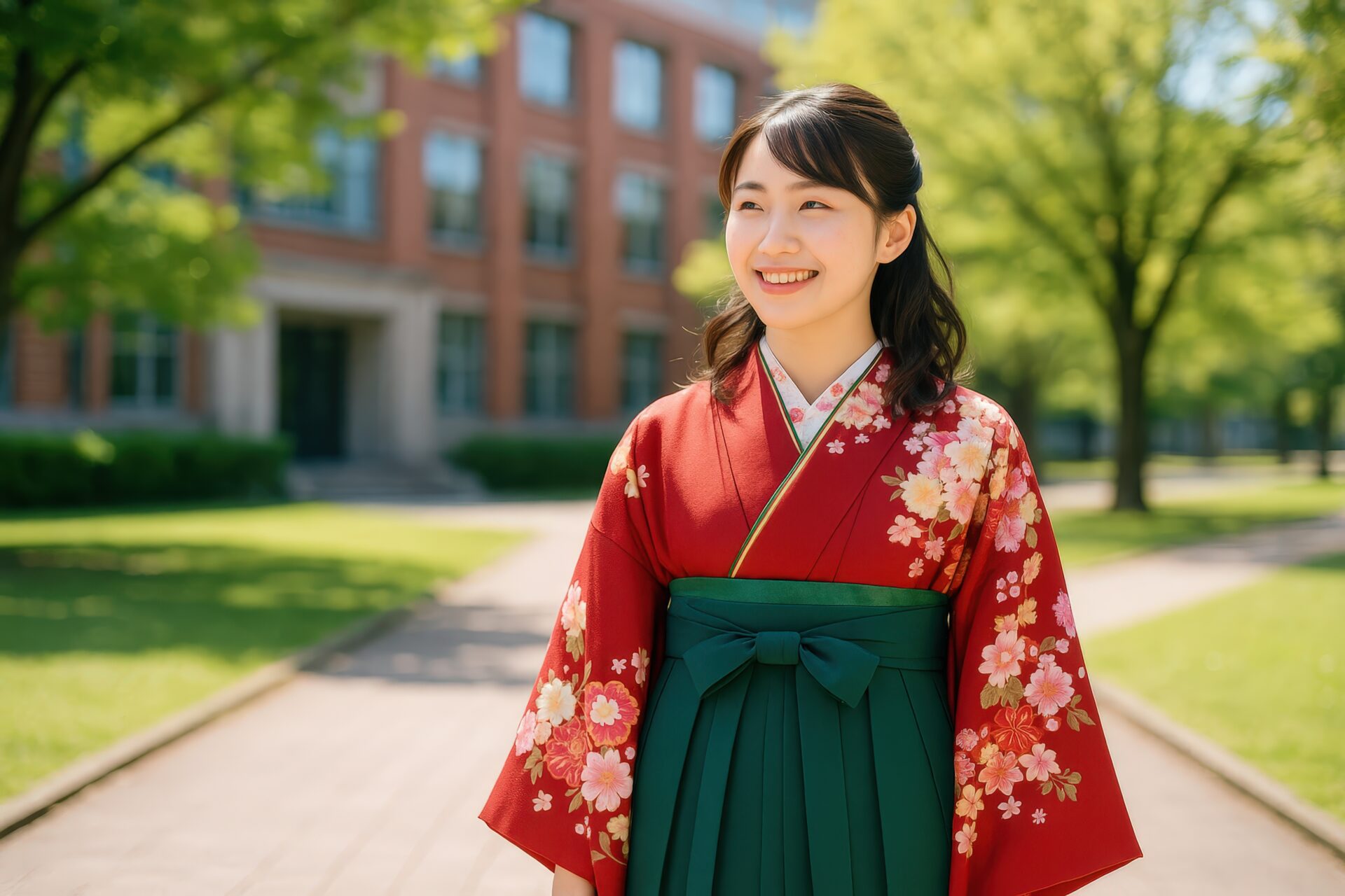 卒業式の日に袴を着て微笑む女子学生