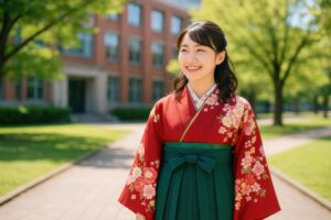 卒業式の日に袴を着て微笑む女子学生