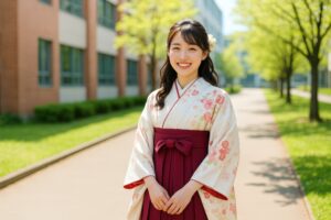 春のキャンパスで袴姿の女子学生が微笑む