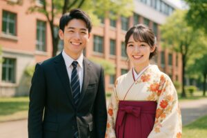 卒業式に参加する男女学生の笑顔