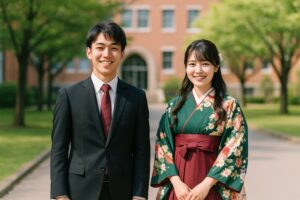 卒業式の晴れ姿で並ぶ男女学生