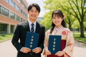 卒業証書を手に持つスーツ姿と袴姿の学生