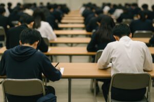 大学受験の試験会場で答案を書く学生たち