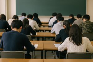 教室で大学受験の試験に臨む受験生たち
