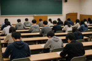 真剣な表情で試験に取り組む大学受験生たち