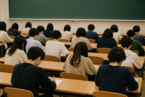 教室で一斉に試験に臨む大学受験生