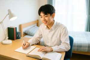 机に向かって勉強する男子学生