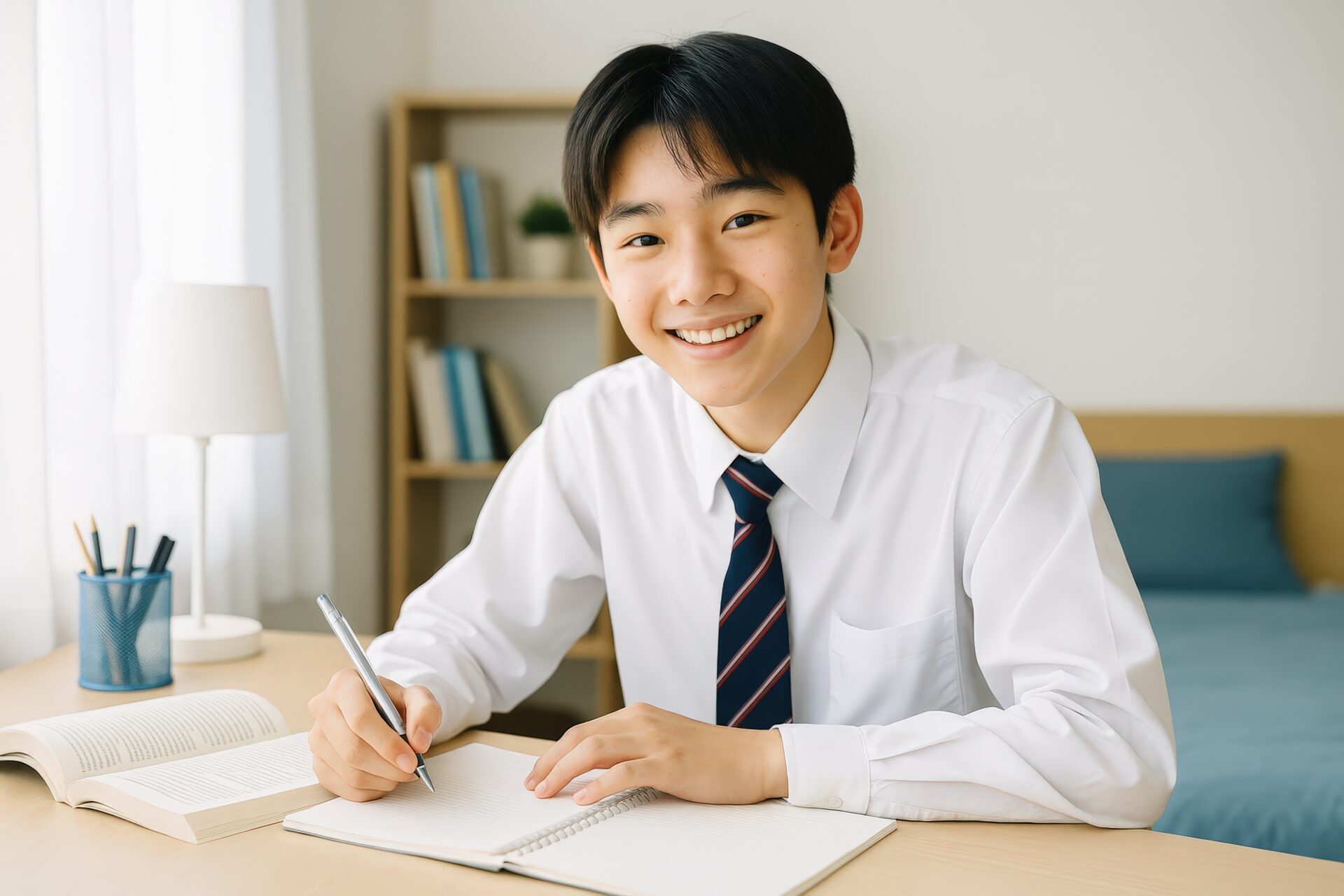 笑顔で勉強に取り組む男子学生