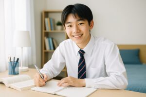 笑顔で勉強に取り組む男子学生