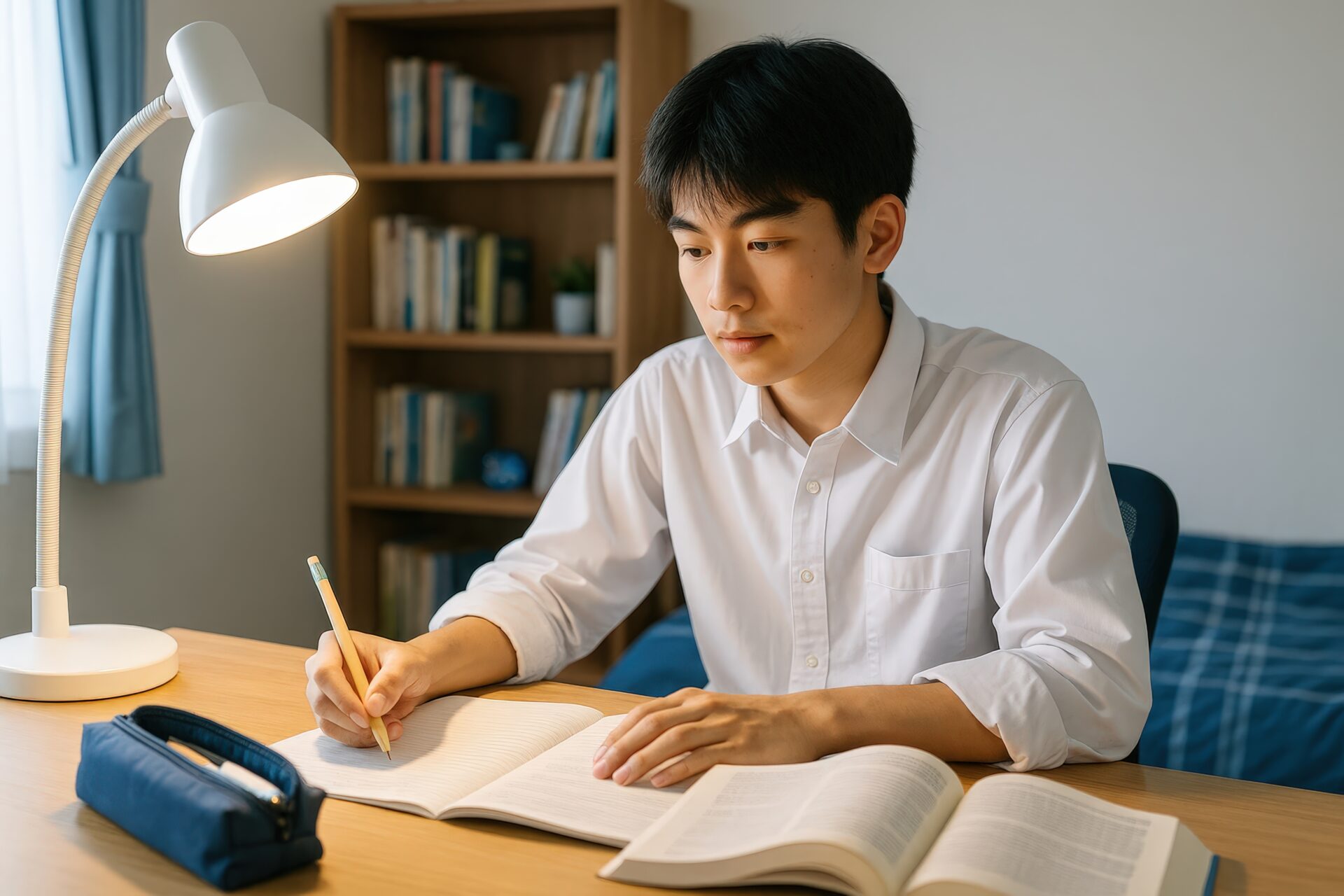 真剣な表情で勉強する男子学生