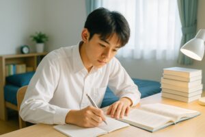 集中して学習する男子学生