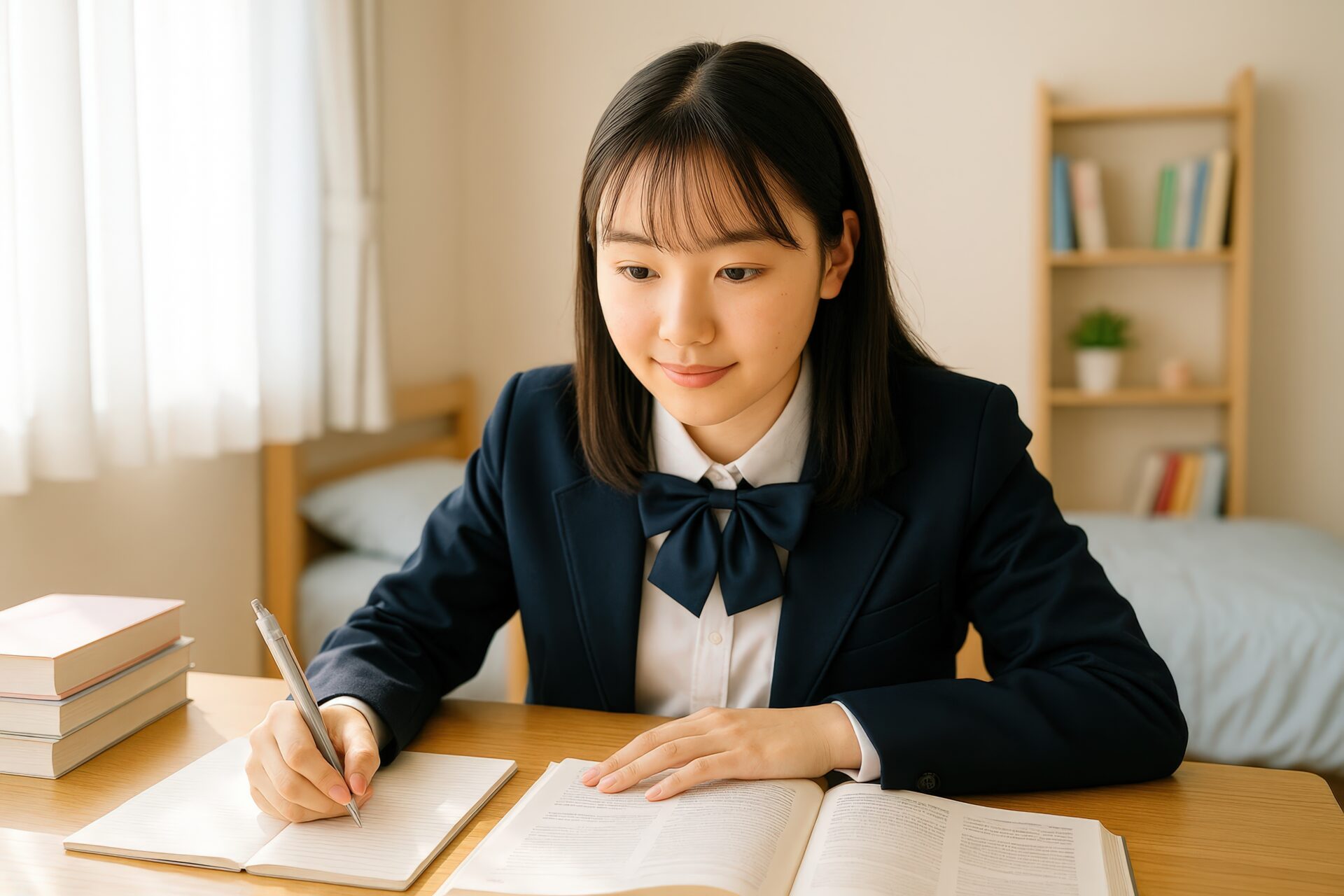 本とノートを使って勉強する女子学生