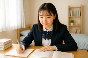 本とノートを使って勉強する女子学生
