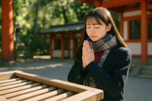 合格祈願で神社に参拝する女子学生