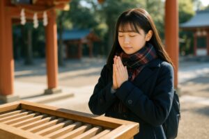 受験合格を祈る女子学生が神社で参拝