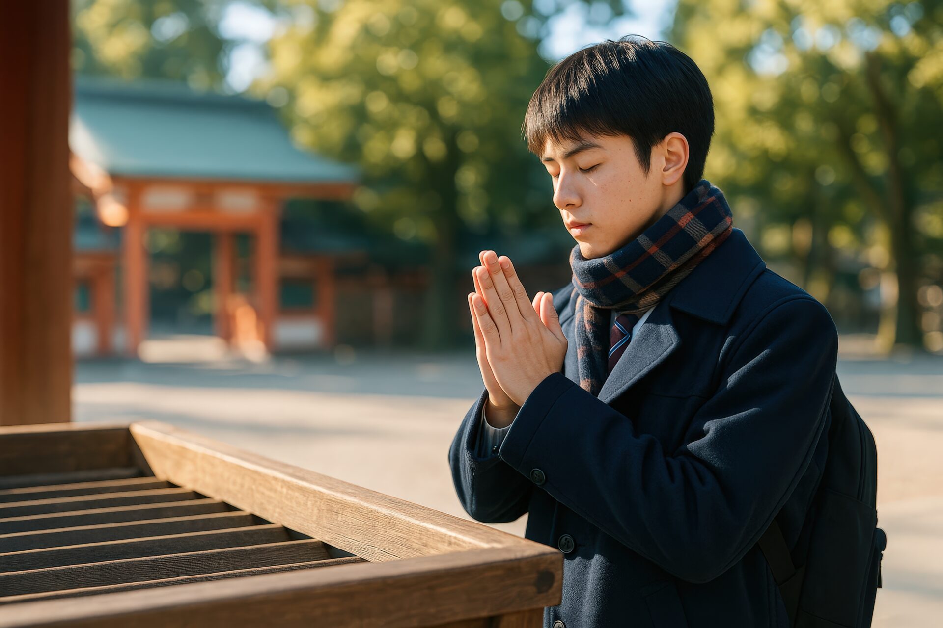 神社で合格祈願をする男子学生