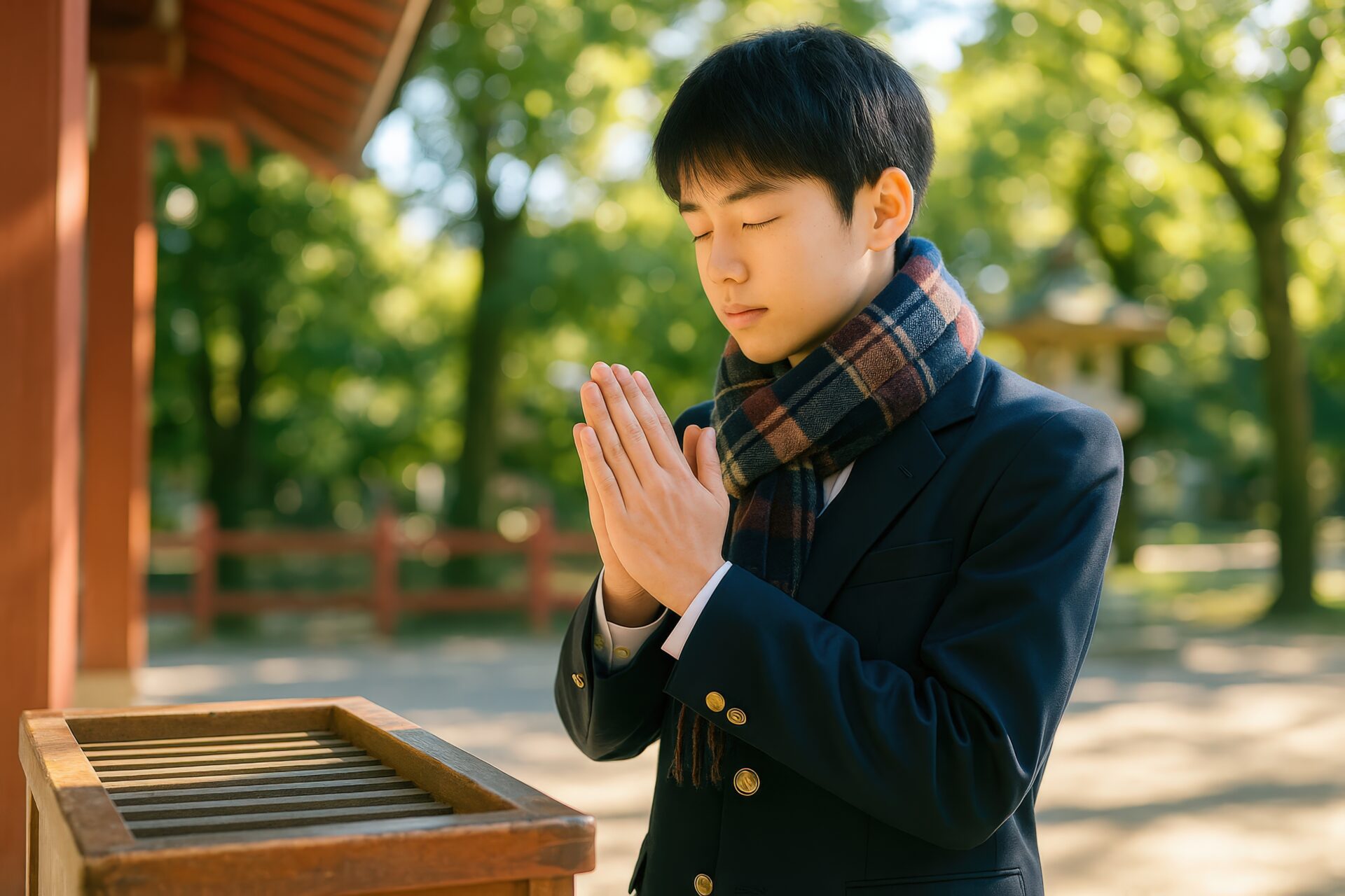 合格を願って神社で手を合わせる男子学生