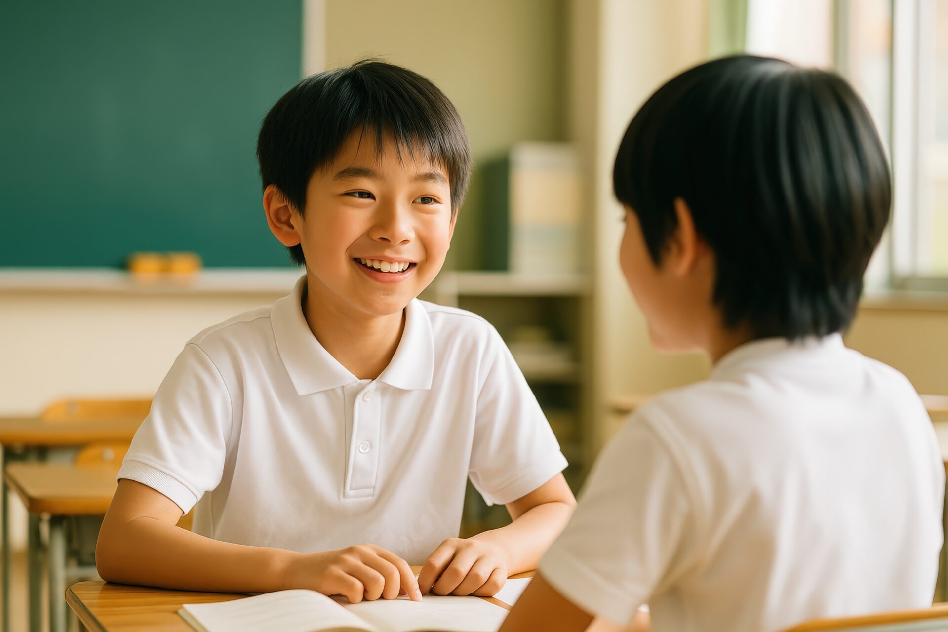 教室で本を読みながら笑顔で会話する男の子たち
