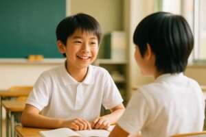 教室で本を読みながら笑顔で会話する男の子たち