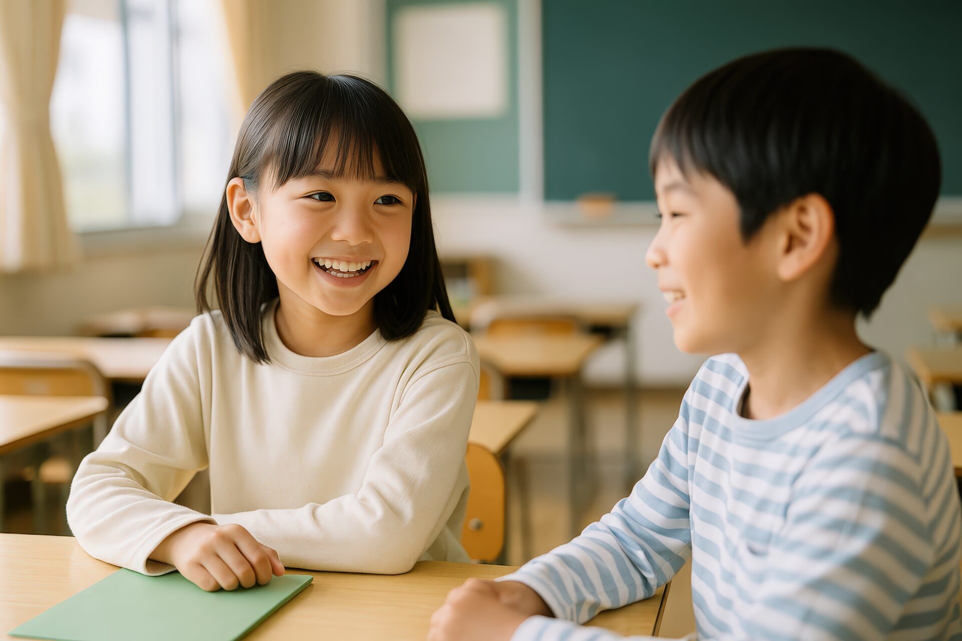 教室で談笑する女の子と男の子