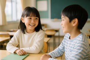 教室で談笑する女の子と男の子