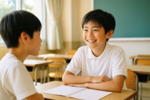 教室で机を挟んで向き合う男の子たち
