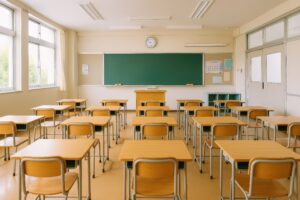 整然と並んだ机と椅子のある教室