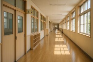 日中の小学校の廊下と教室の入り口