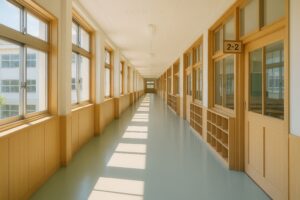窓から光が差し込む校舎の廊下