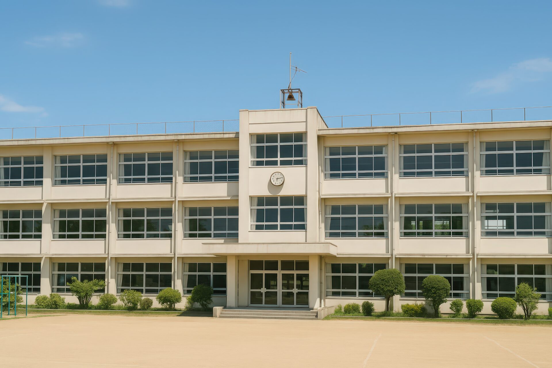 正面から見た校舎と校庭の風景