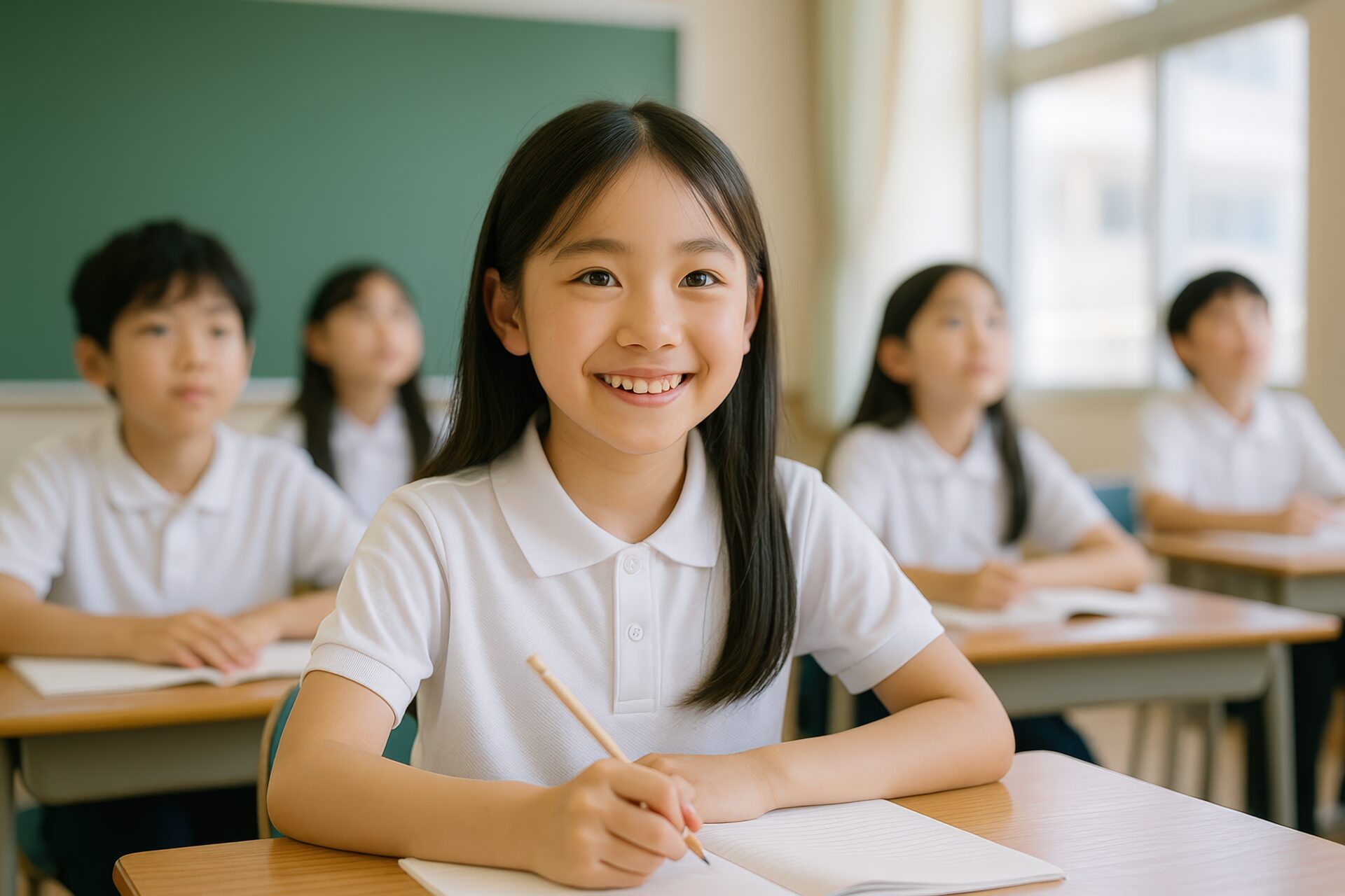 教室でノートを取りながら笑顔を見せる小学生の女の子