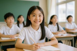 教室でノートを取りながら笑顔を見せる小学生の女の子