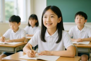 教室で授業を受ける笑顔の女の子とクラスメイトたち