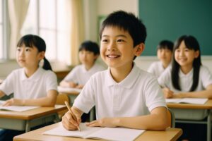 授業中にノートを取る笑顔の小学生の男の子