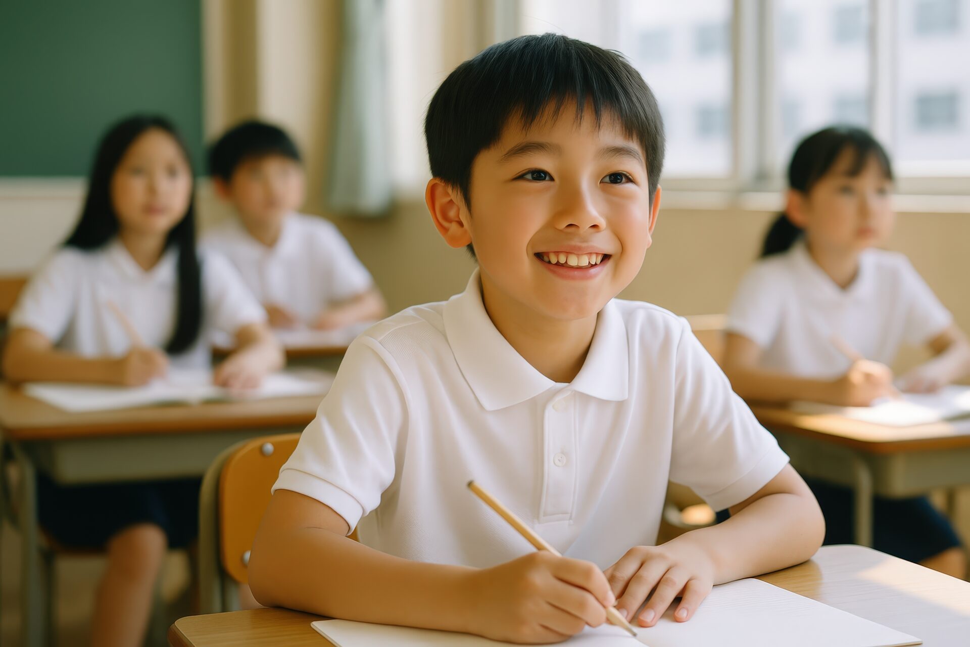 明るい教室で楽しそうに学ぶ小学生の男の子とクラスメイトたち