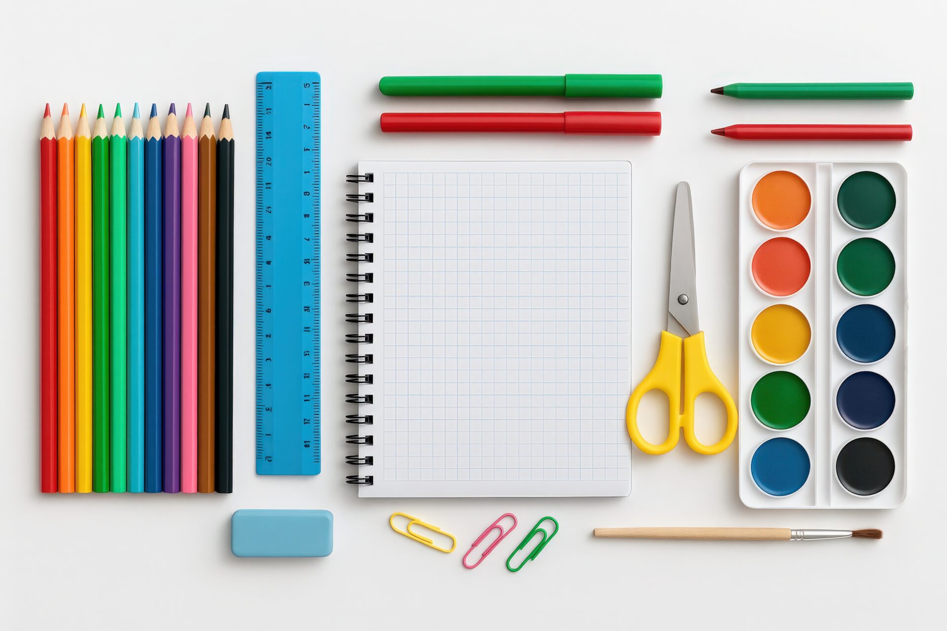 カラフルな文房具とノートを並べたフラットレイ